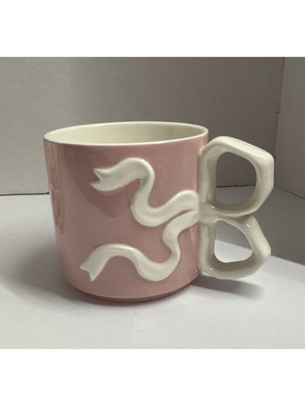 New Pink Room Essentials Bow Handle Stoneware Coffee Mug DWS Microwave Resistant
